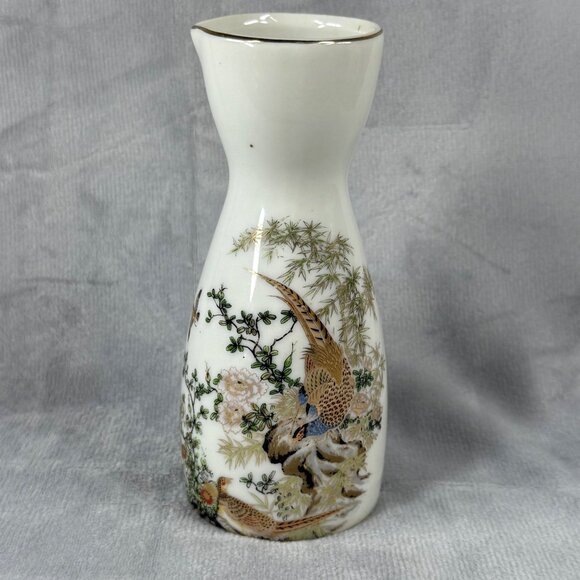 Japanese Ceramic Sake Bottle with Painted Pheasant & Floral Design. Bud Vase Use - Picture 2 of 16